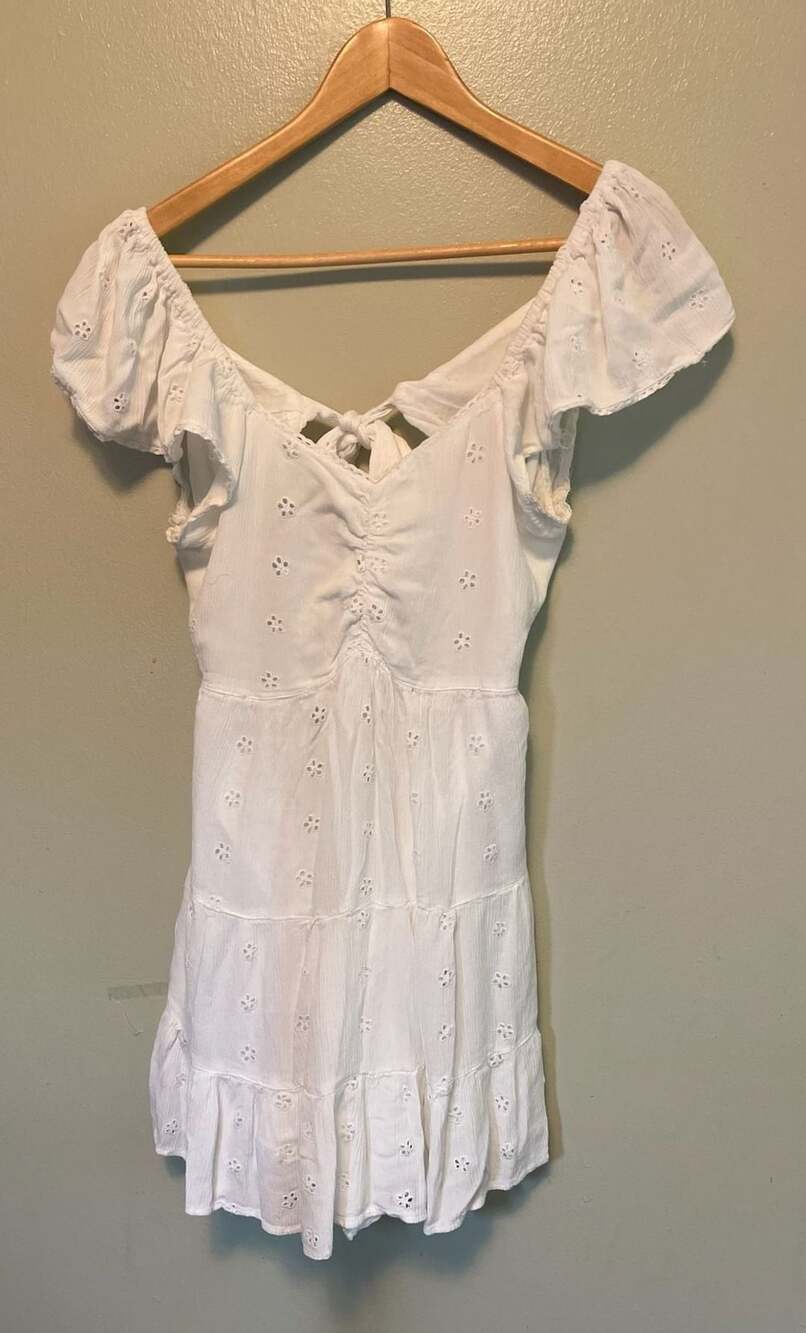 White Eyelet Babydoll Mini Dress, M, Cottagecore Open Back Sweetheart Neckline